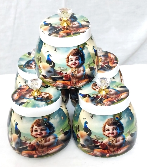 Picture of Krishna with cow printed Metal Jar(set of 4 pcs)
