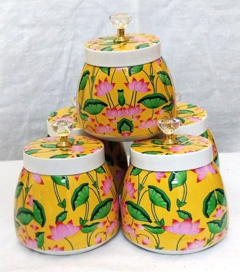Picture of Yellow theme Lotus Printed Metal jars ( set of 4 pcs)